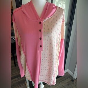 New With Tags Boutique Texture Waffle Floral Patchwork Hooded Oversized Top